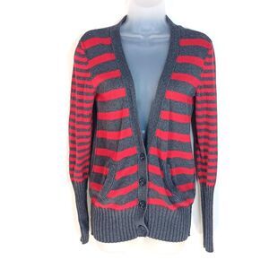 AMERICAN EAGLE OUTFITTERS Women's Gray Red Striped Cardigan Medium Academia